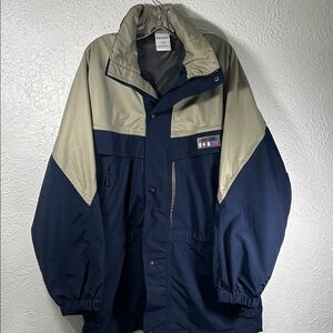 Against The Elements Navy Tan Jacket Hooded Windbreaker Marine Weather Jacket